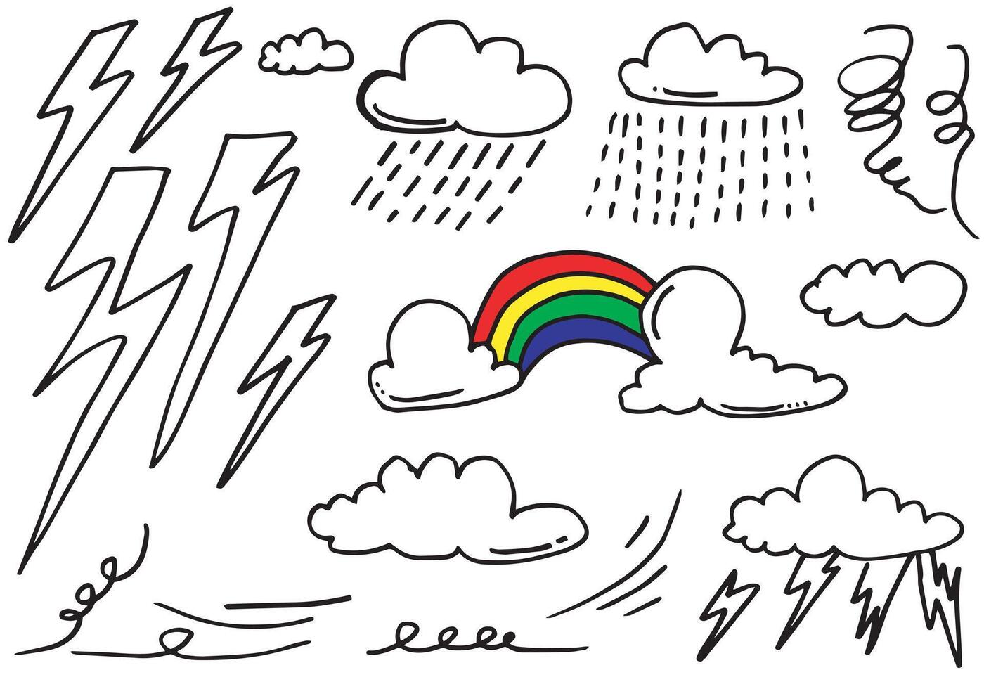 hand-drawn weather doodle set on white background. vector
