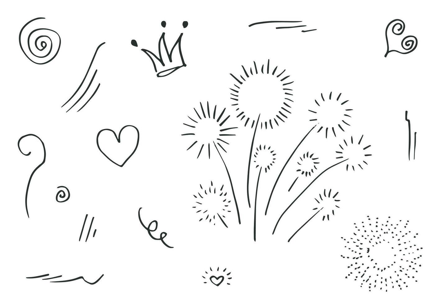 hand drawn set element,black on white background.heart,light,king,emphasis,swirl,for concept design. vector
