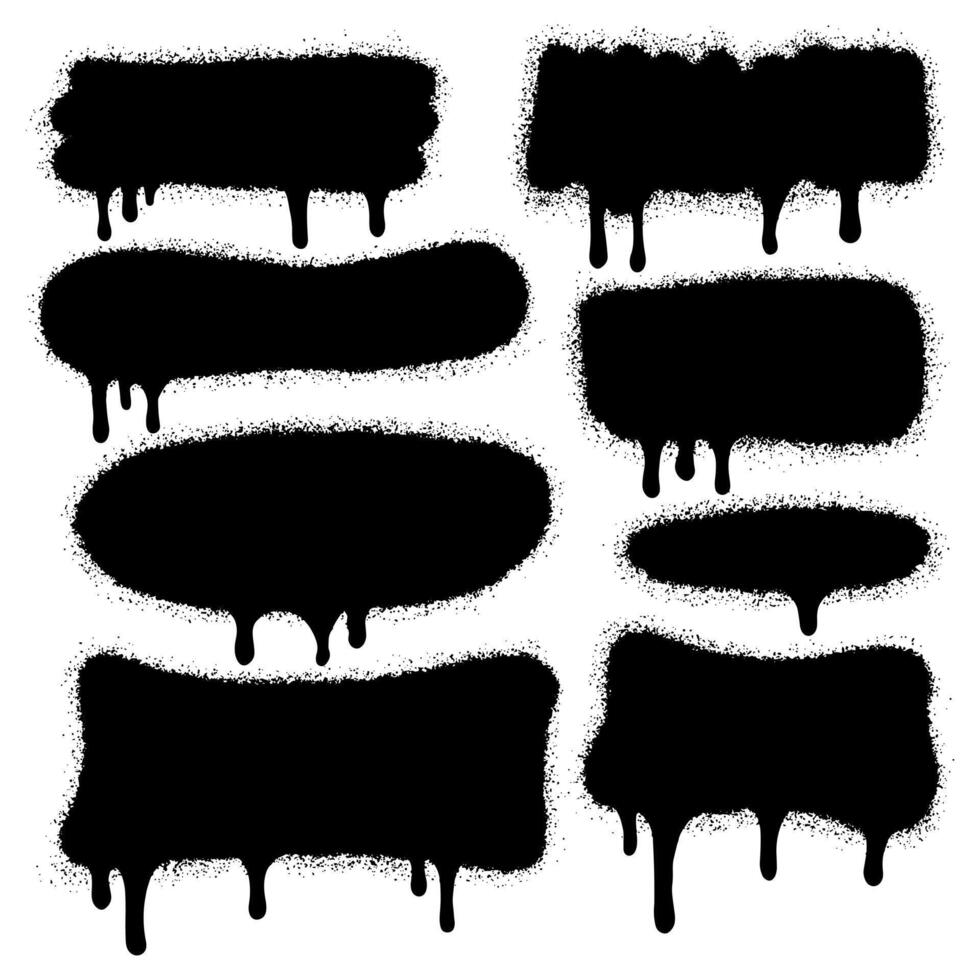 Set of graffiti spray banners. spray paint shapes with Lines and Droplets Black ink splashes, collection of ink stains, Street style. vector