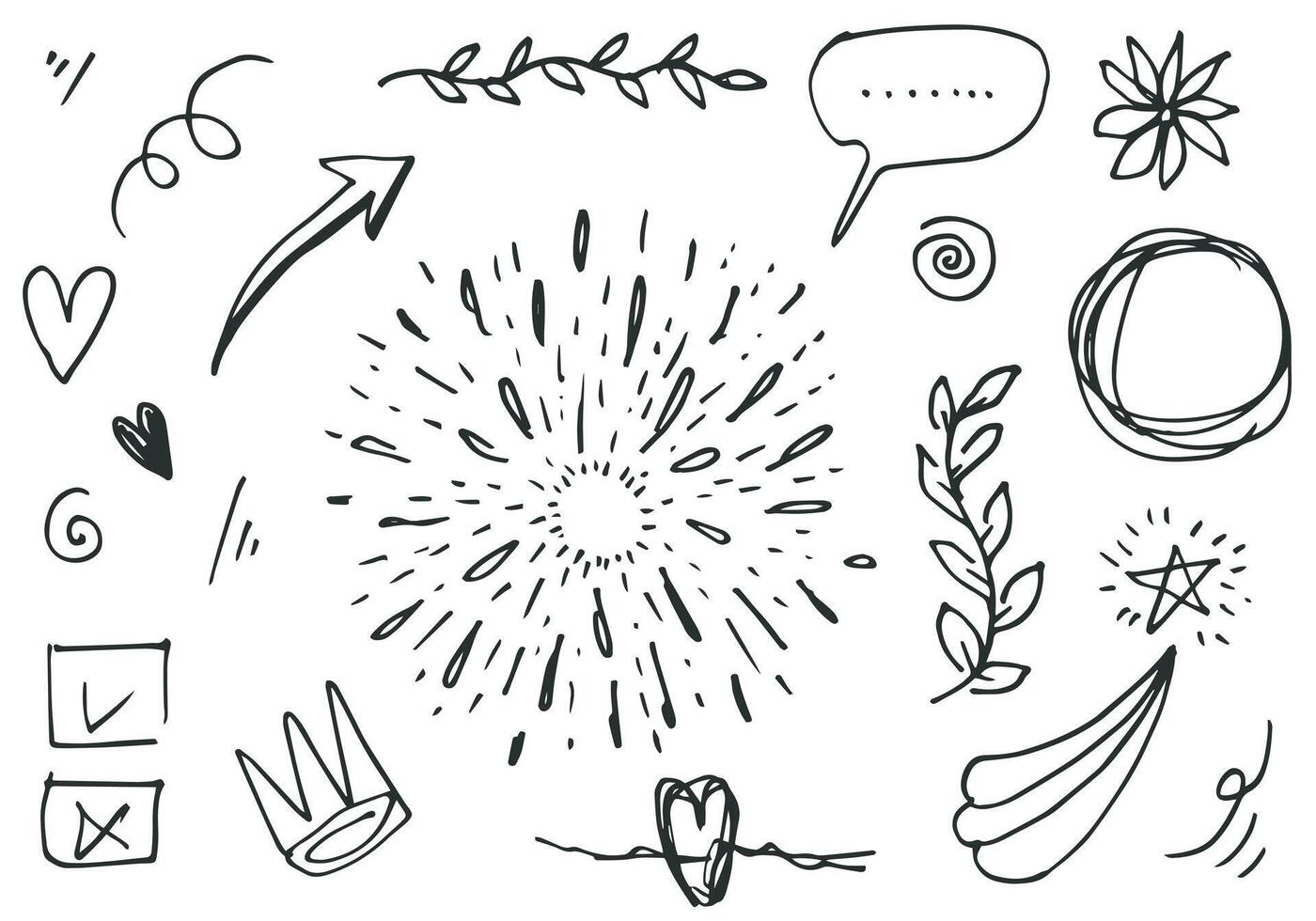 hand drawn set element,black on white background.heart,light,king,emphasis,swirl,for concept design. vector