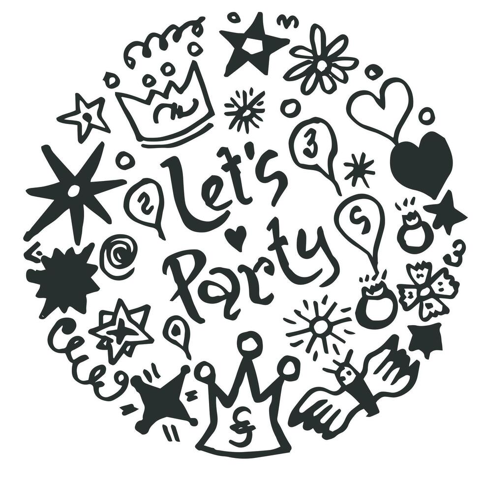 Hand drawn doodle party set on white background. Sketch icons for invitation, flyer, poster. vector