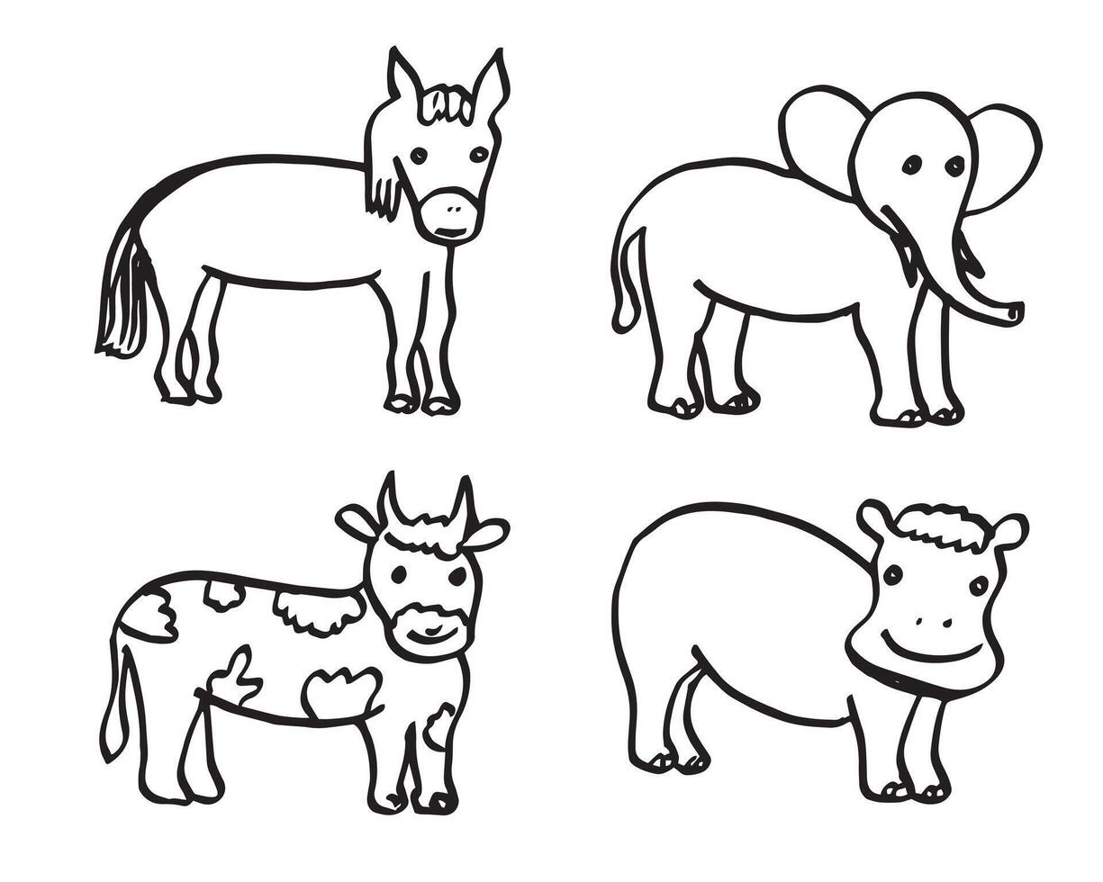 Animal Jungle hand drawn, Black Outline, freehand,elephants, hippos, cows, buffalo vector