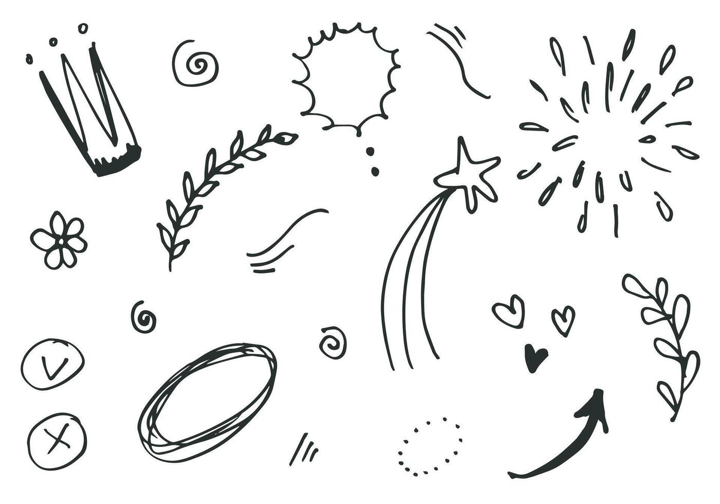 hand drawn set element,black on white background.heart,light,king,emphasis,swirl,for concept design. vector