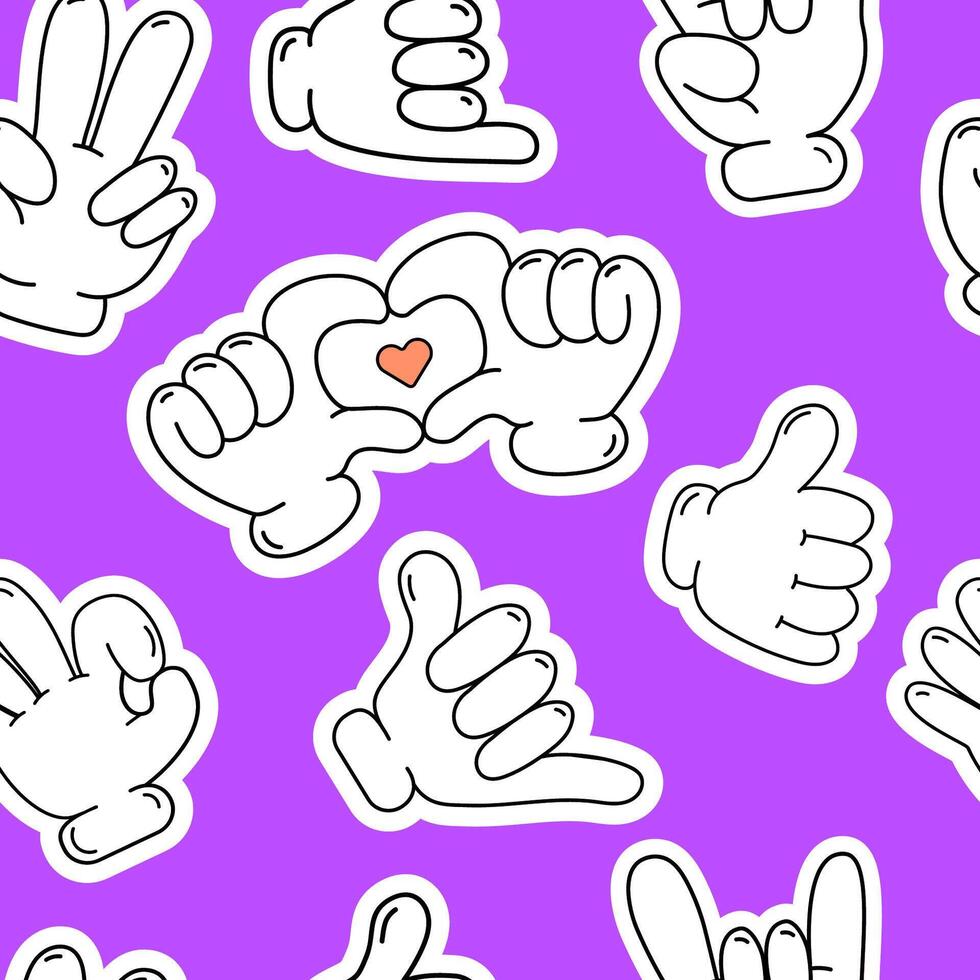 Cartoon gloved arms seamless pattern. Comic hands in gloves, retro arms with different gestures for printing, wallpaper, packaging, fabric pattern design,decoration of children's products. vector