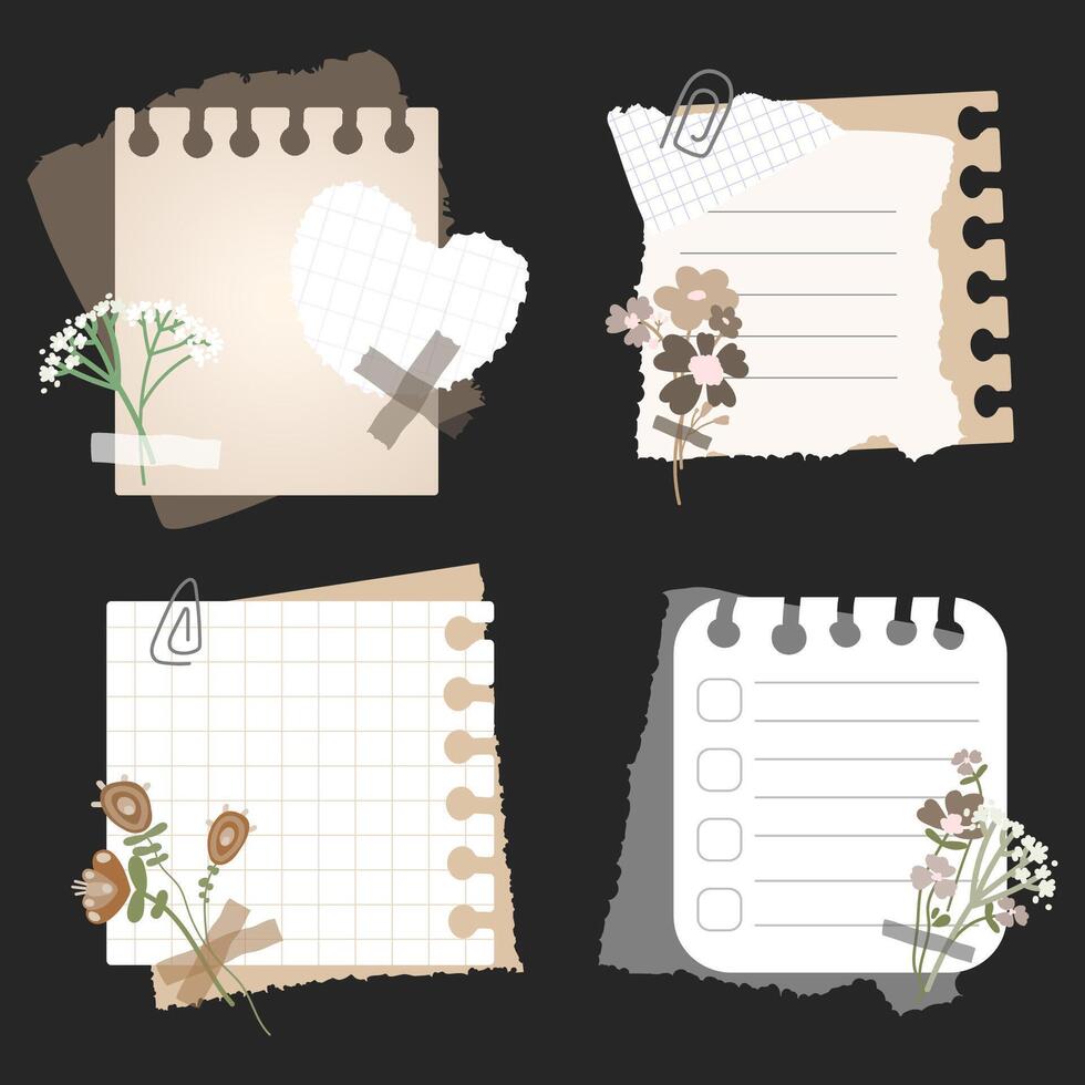 Notes and old torn out notebook pages with flowers glued tape vintage collection.Old scrapbooking paper pieces. vector