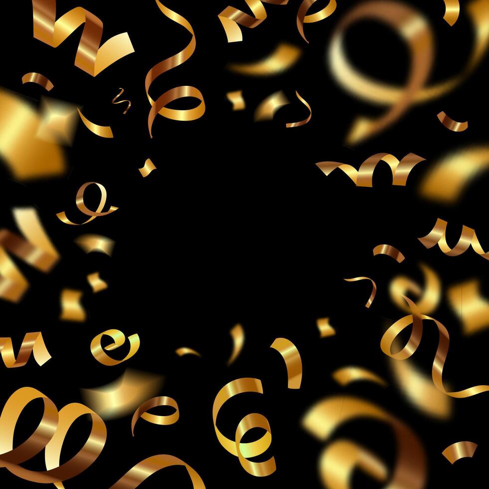 Golden realistic confetti frame with space for text for decoration of various festive designs. Glitter background 3d illustration. Streamers and confetti flying close-up on black background vector