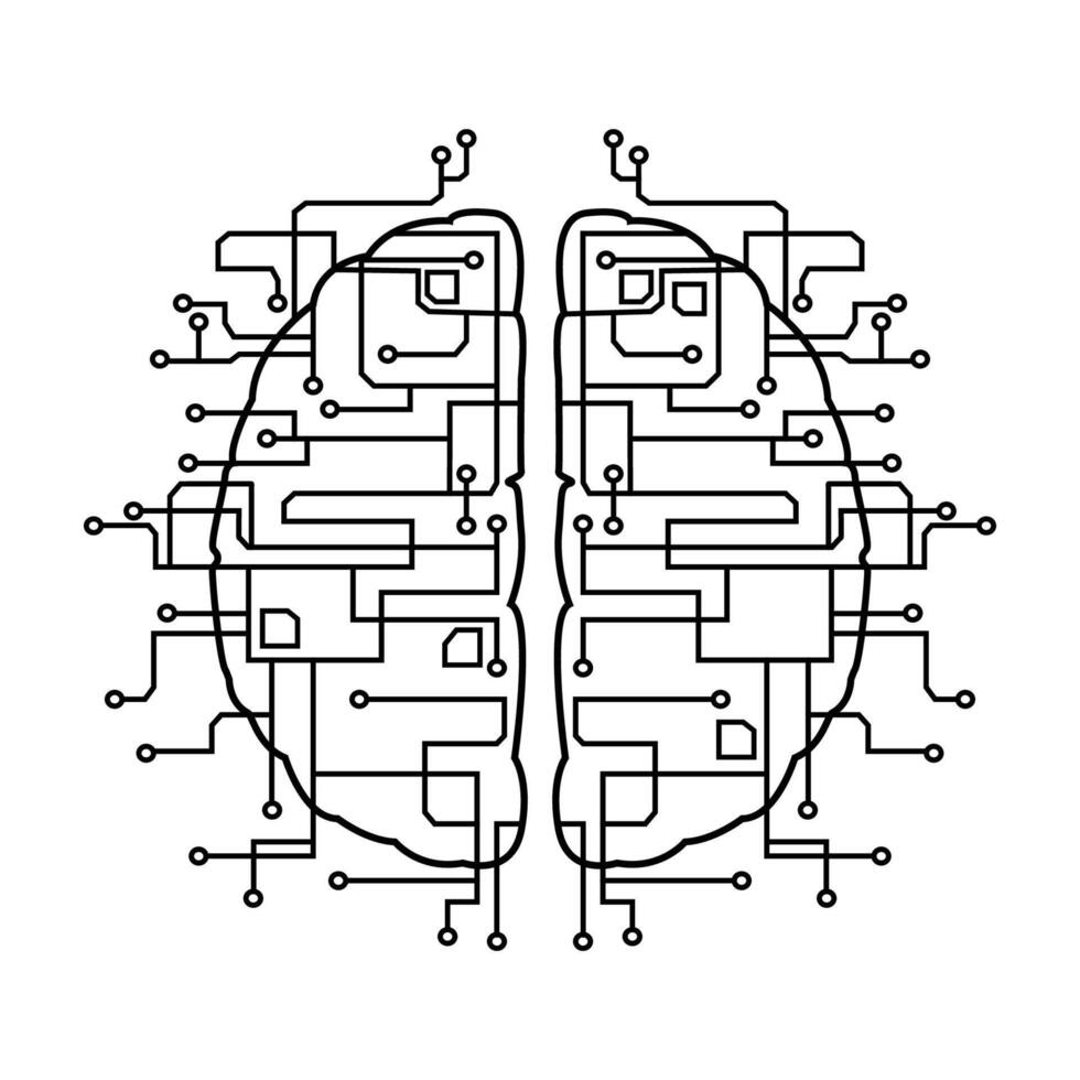 Artificial intelligence brain with chips and circuits linear drawing. Circuit board in the shape of an electronic brain with a convolution icon, print, logo, emblem sign design. illustration vector