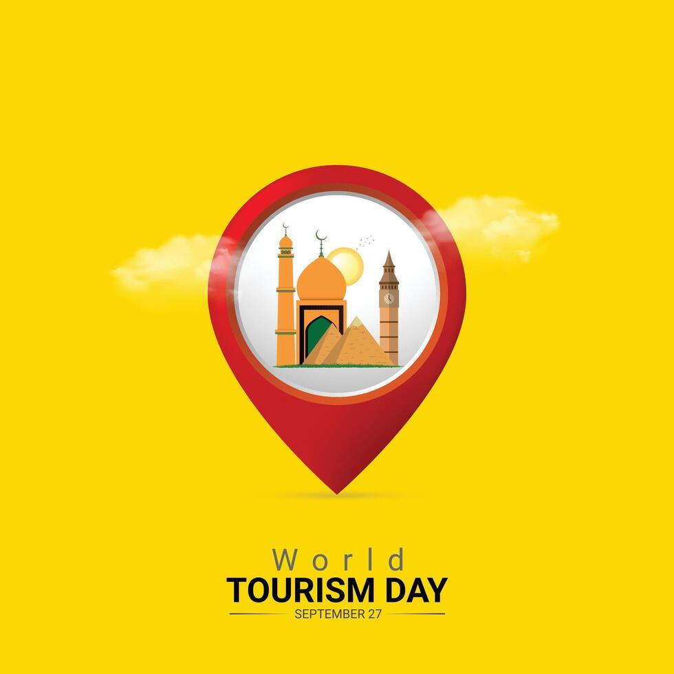 World Tourism Day creative ads design. plane and place isolated on Poster for background. Tourism Poster, , 3d, illustration, Sep 27. Important day, Holiday concept. vector