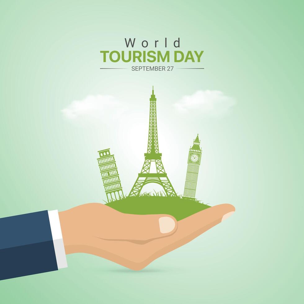 World Tourism Day creative ads design. plane and place isolated on Poster for background. Tourism Poster, , 3d, illustration, Sep 27. Important day, Holiday concept. vector