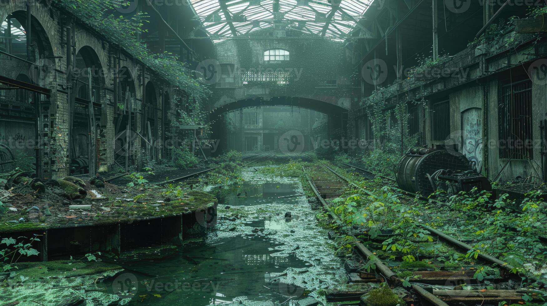 Abandoned Industrial Building Overgrown with Vegetation photo