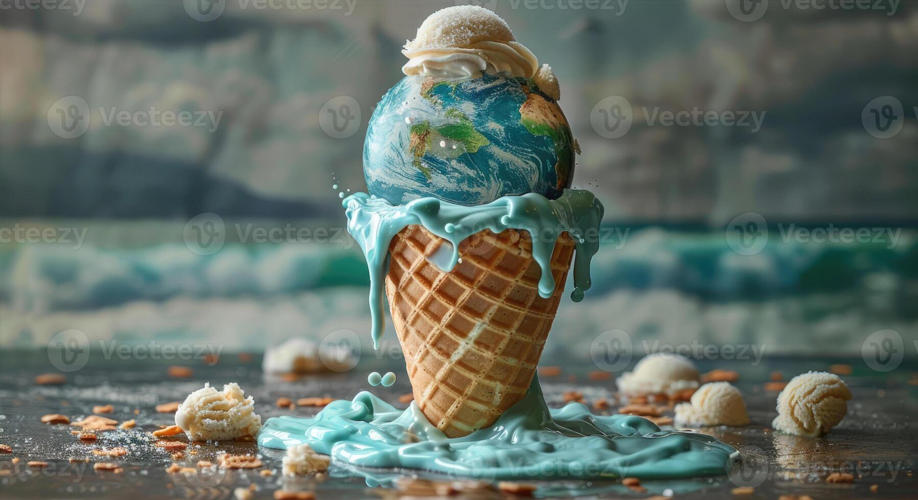 An ice cream cone in the shape of a globe flowing down to the ground. Global warming and environmental impact photo
