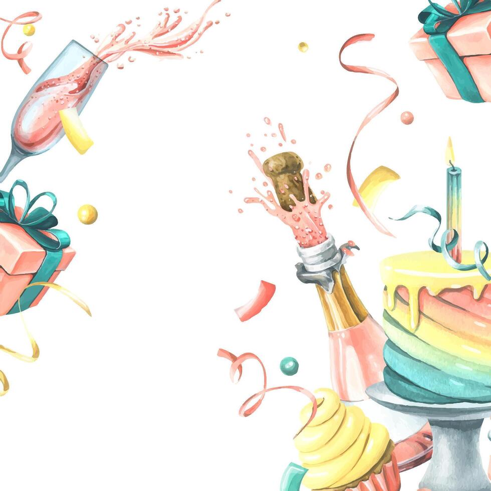 Bright, cheerful, festive, template with champagne, cake, gifts, balloons and confetti, flags. Watercolor illustration from the HAPPY BIRTHDAY collection. For card, poster print decoration vector