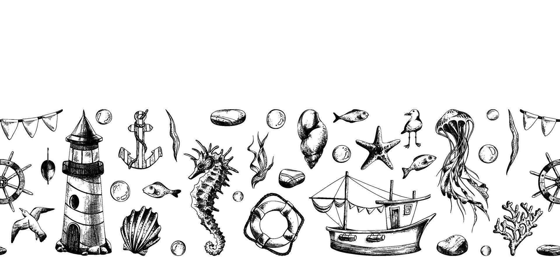 Marine underwater animals, a lighthouse and a boat. Illustration of graphic line art in black and white, hand drawn. Horizontal, seamless border, banner from the SYMPHONY OF THE SEA collection. vector