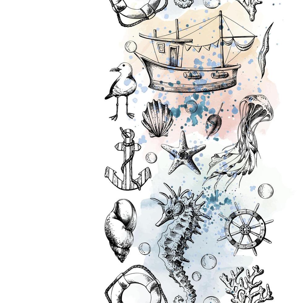 Seamless board with marine underwater inhabitants, a lighthouse and a boat. Illustration of graphic line art in black and white, hand drawn from the SYMPHONY OF THE SEA collection. vector