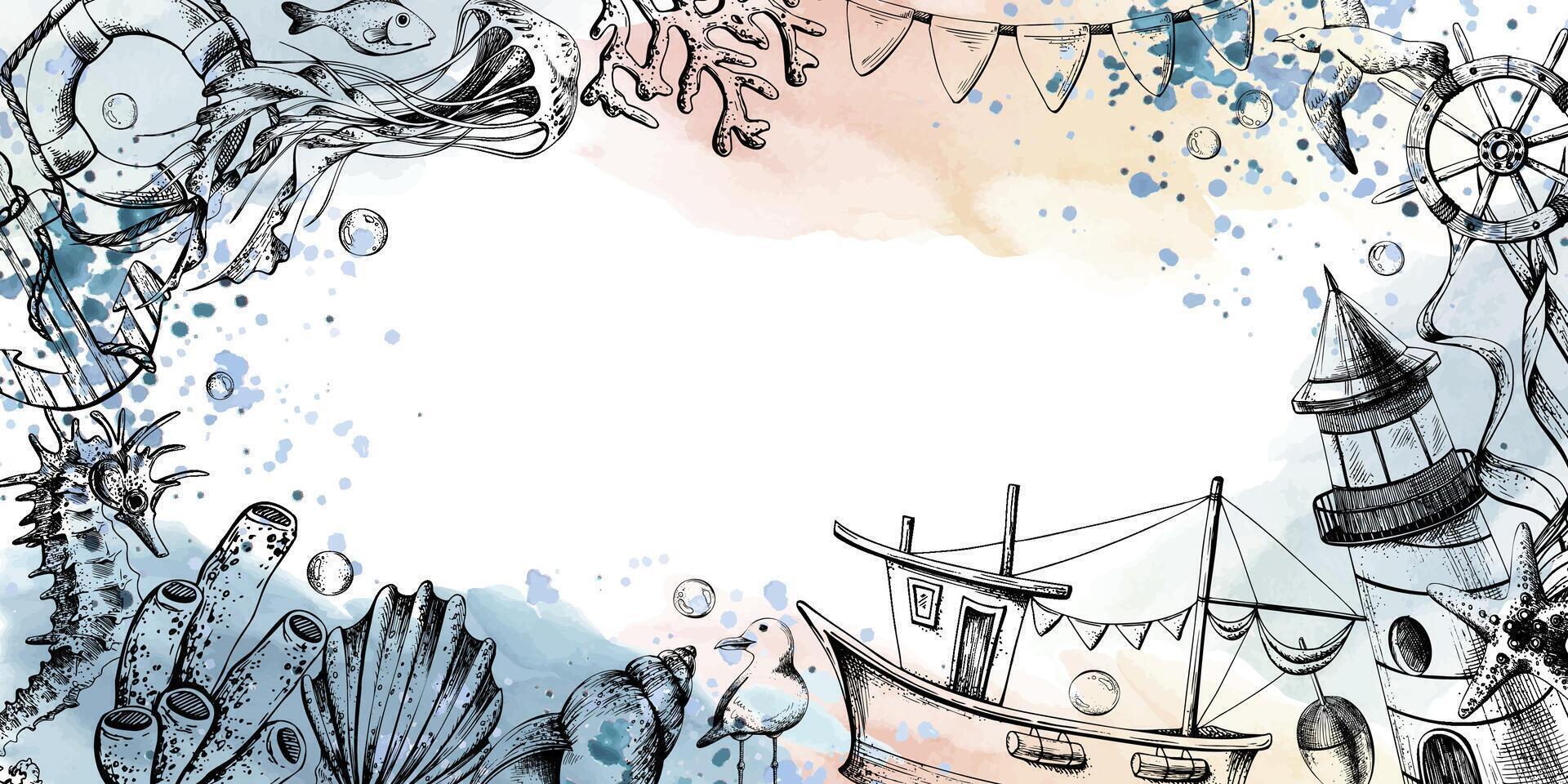 Lighthouse, boat and sea animals with paint spots and splashes. Illustration of graphic line art in black and white, hand drawn.. Frame for registration and design of cards, posters, invitations. vector