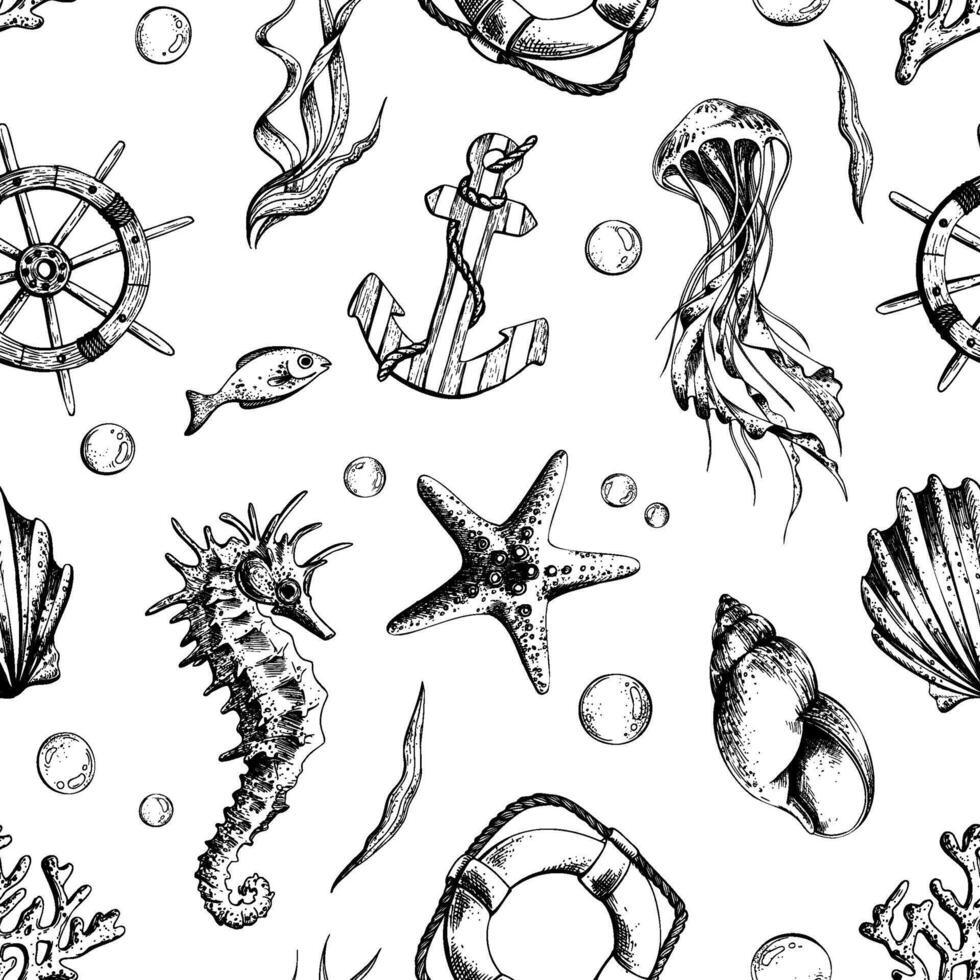 Marine life, steering wheel, anchor and lifebuoy. Illustration of graphic line art in black and white, hand drawn. Seamless pattern for the design of fabrics, wallpaper vector