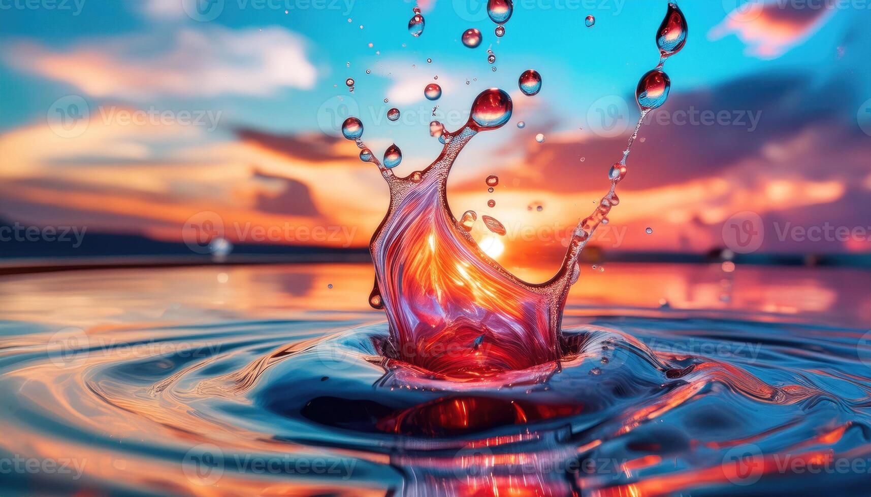 Close-up shot of mesmerizing colliding droplets creating a beautiful visual impact. The collision creates a stunning and dynamic array of vibrant colors and shapes photo