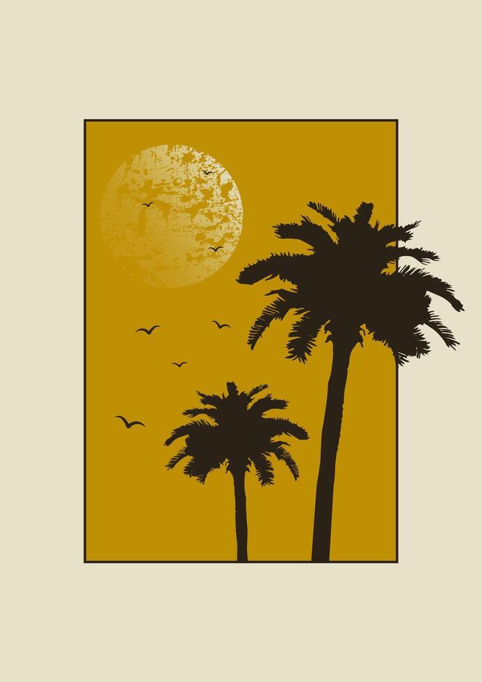 Sunset with the palms tree on beige background. Minimalist Miami beach landscape. Aesthetic 2d artwork vector