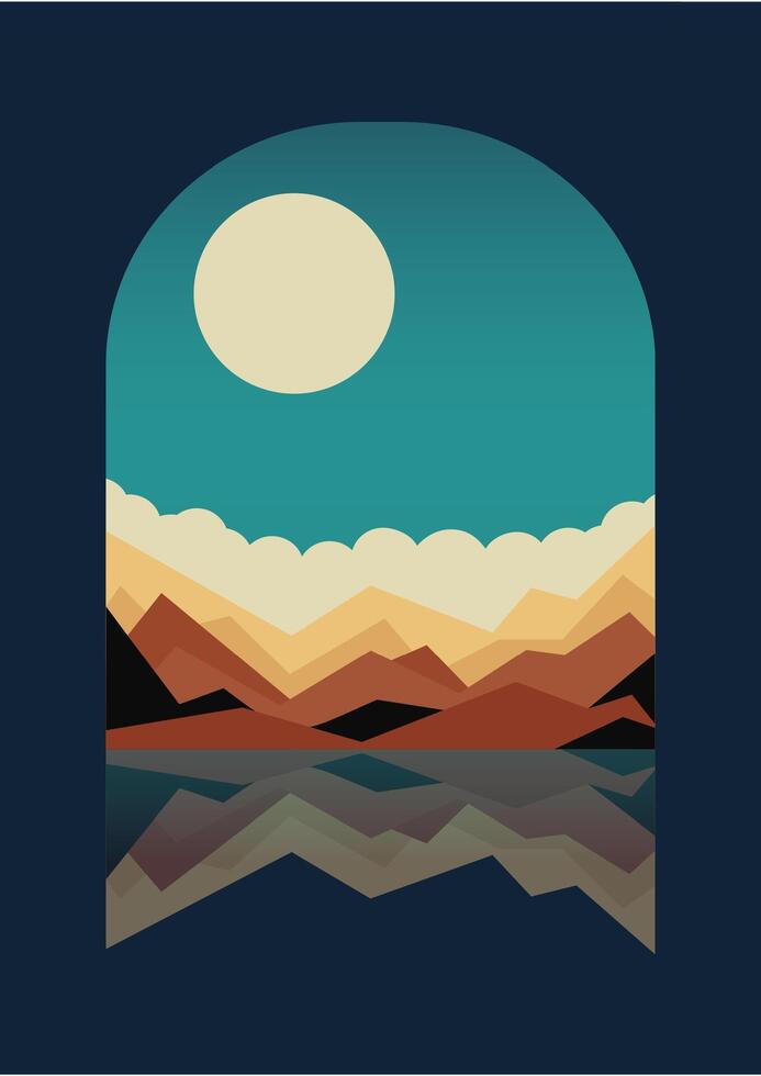 Seaside and mountains landscape illustration view. Dusk panorama near lake 2d poster. vector