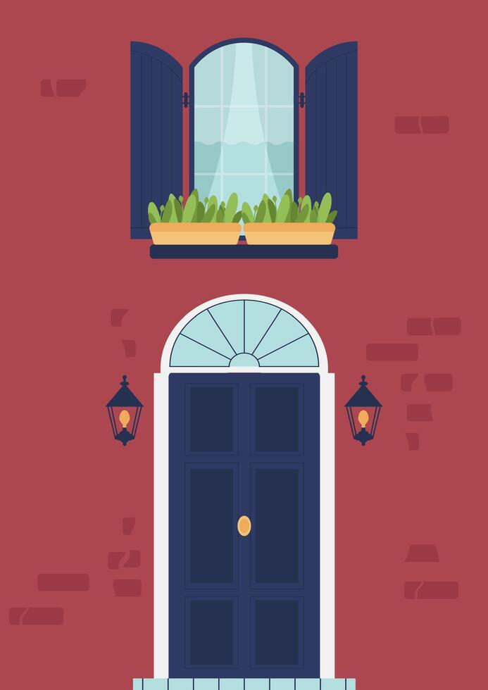 House architecture - vintage front door and window with shutters. Old England city vector