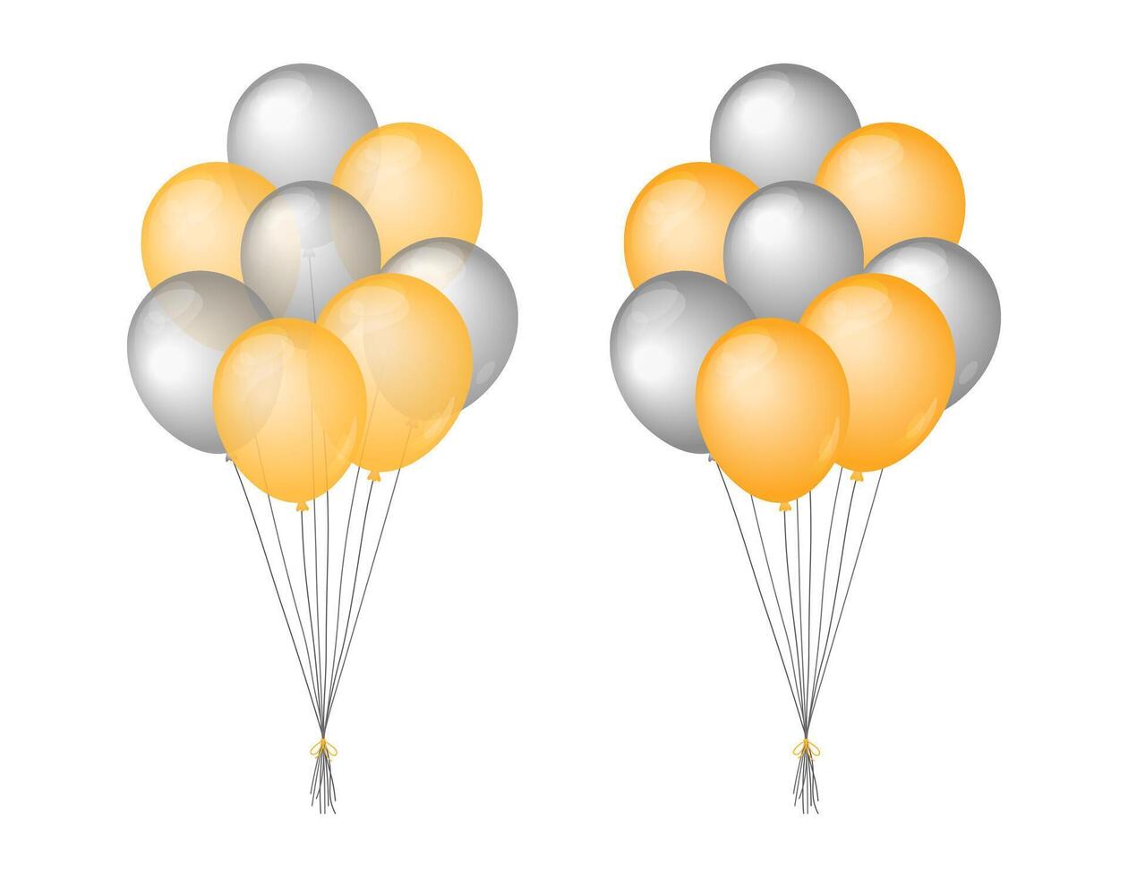 Golden and silver balloons bunch isolated. illustration. Decorative flat elements for Birthday, party, event and other celebration designs. Metallic colored festive helium balloons tied up vector