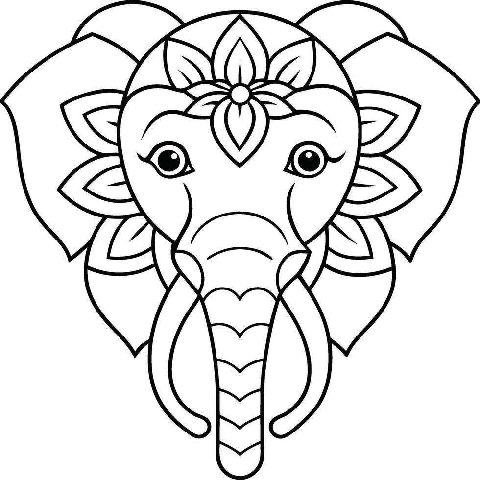 Elephant head coloring page kids friendly simple line art cute elephant face with geometric flower mandala design pattern minimal clipart art KDP coloring interior vector