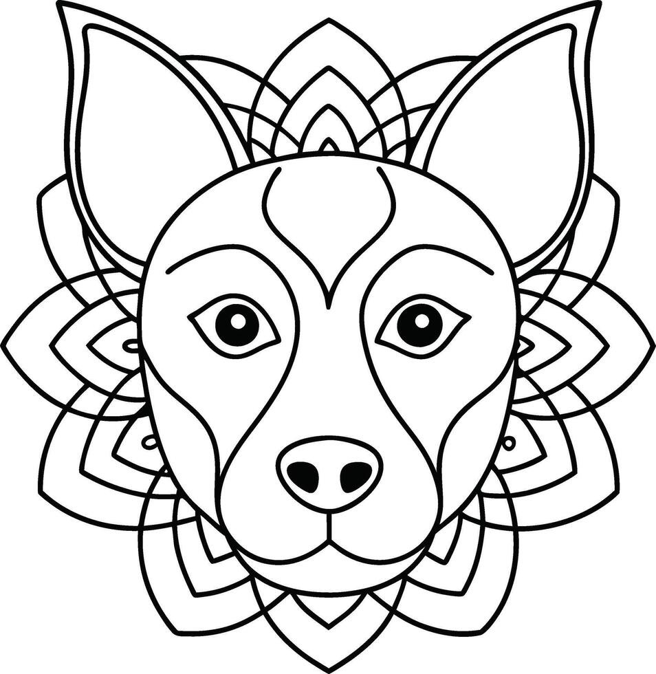 dog face coloring page kids friendly simple line art cute puppy head with geometric flower mandala design pattern minimal clipart art KDP coloring interior vector