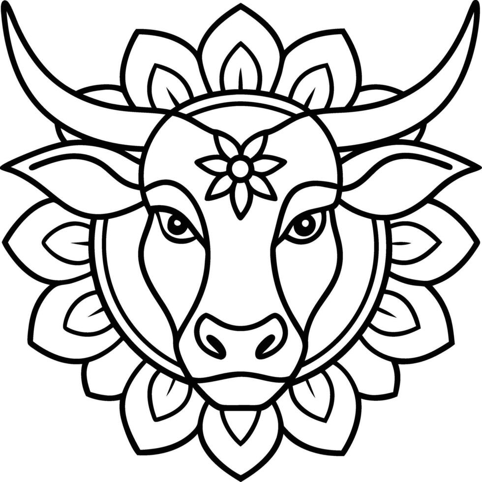 kids friendly bull coloring page simple line art cute cow head with flower mandala design pattern minimal line art kdp coloring interior vector