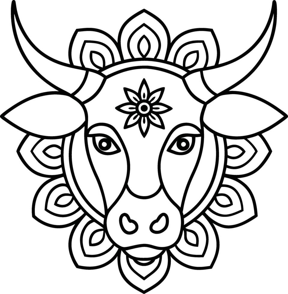 kids friendly bull coloring page simple line art cute cow head with flower mandala design pattern minimal line art kdp coloring interior vector