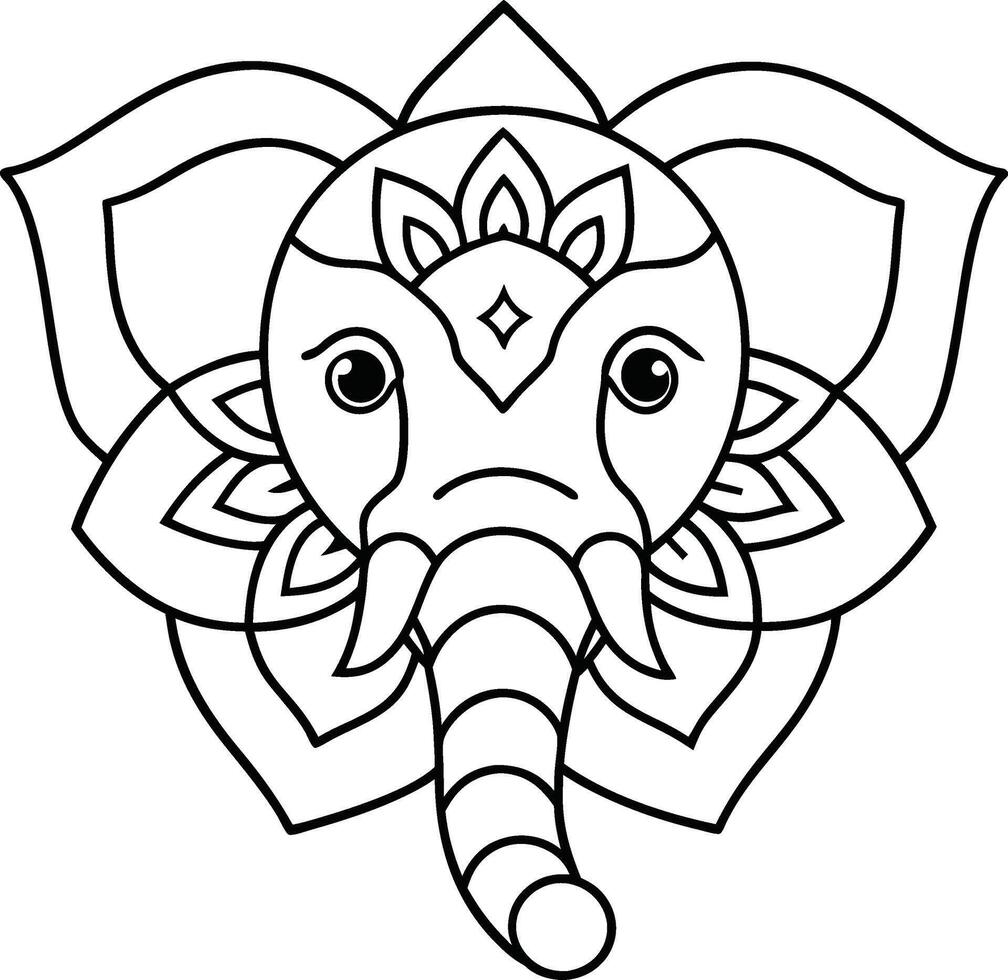 Elephant head coloring page kids friendly simple line art cute elephant face with geometric flower mandala design pattern minimal clipart art KDP coloring interior vector