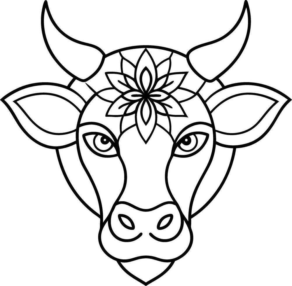 kids friendly bull coloring page simple line art cute cow head with flower mandala design pattern minimal line art kdp coloring interior vector