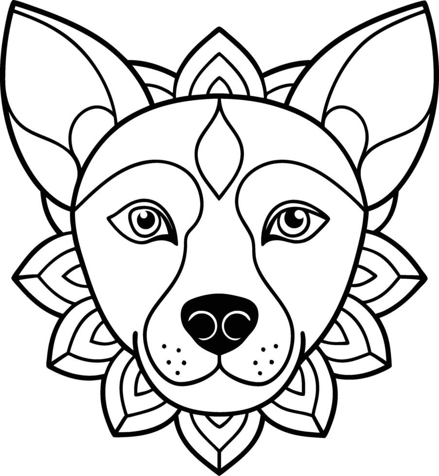 dog face coloring page kids friendly simple line art cute puppy head with geometric flower mandala design pattern minimal clipart art KDP coloring interior vector