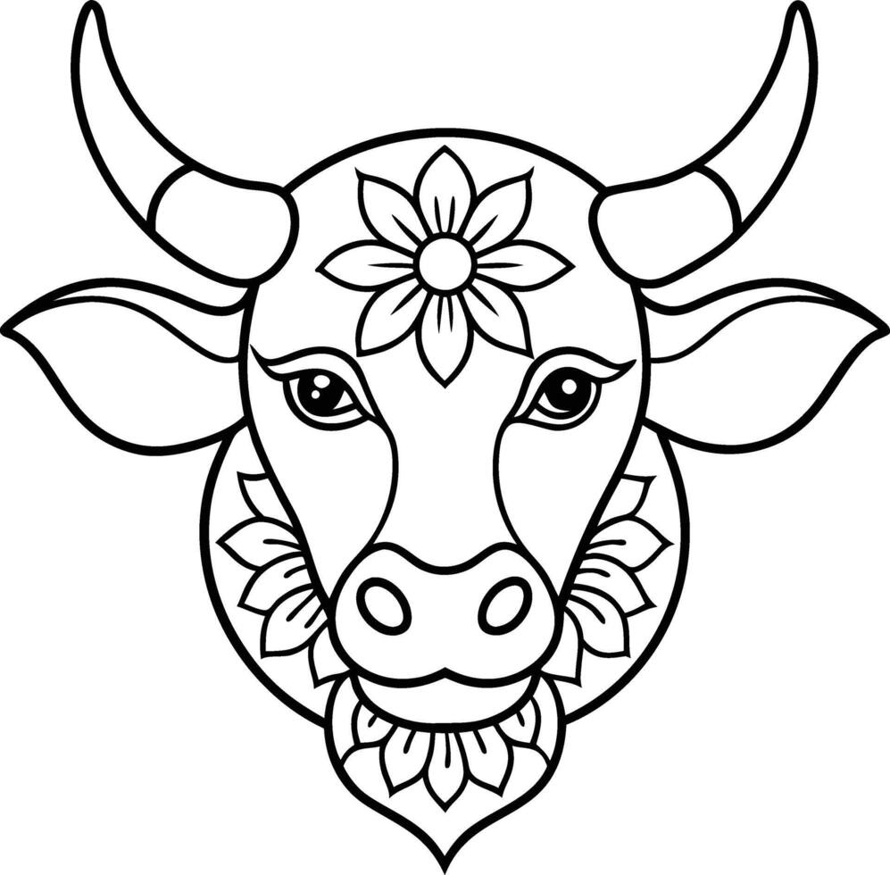 kids friendly bull coloring page simple line art cute cow head with flower mandala design pattern minimal line art kdp coloring interior vector