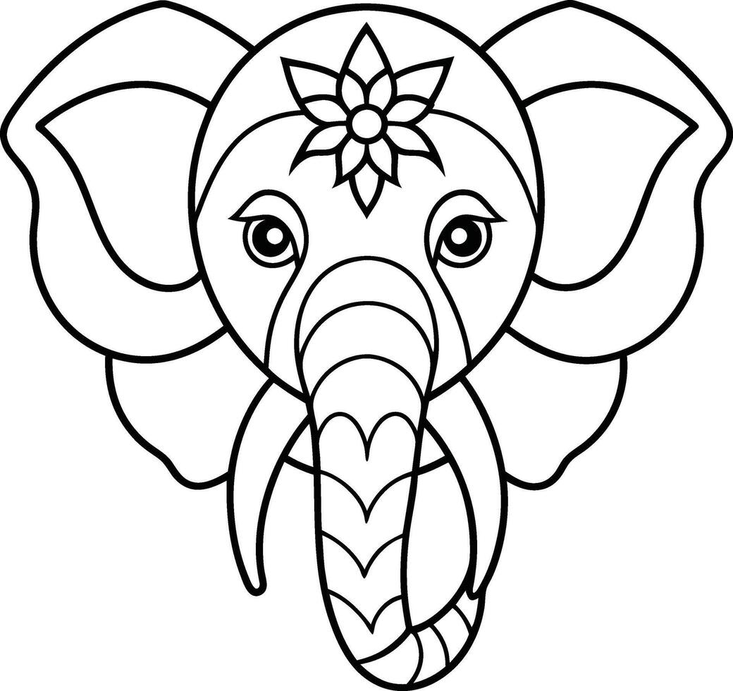 Elephant head coloring page kids friendly simple line art cute elephant face with geometric flower mandala design pattern minimal clipart art KDP coloring interior vector
