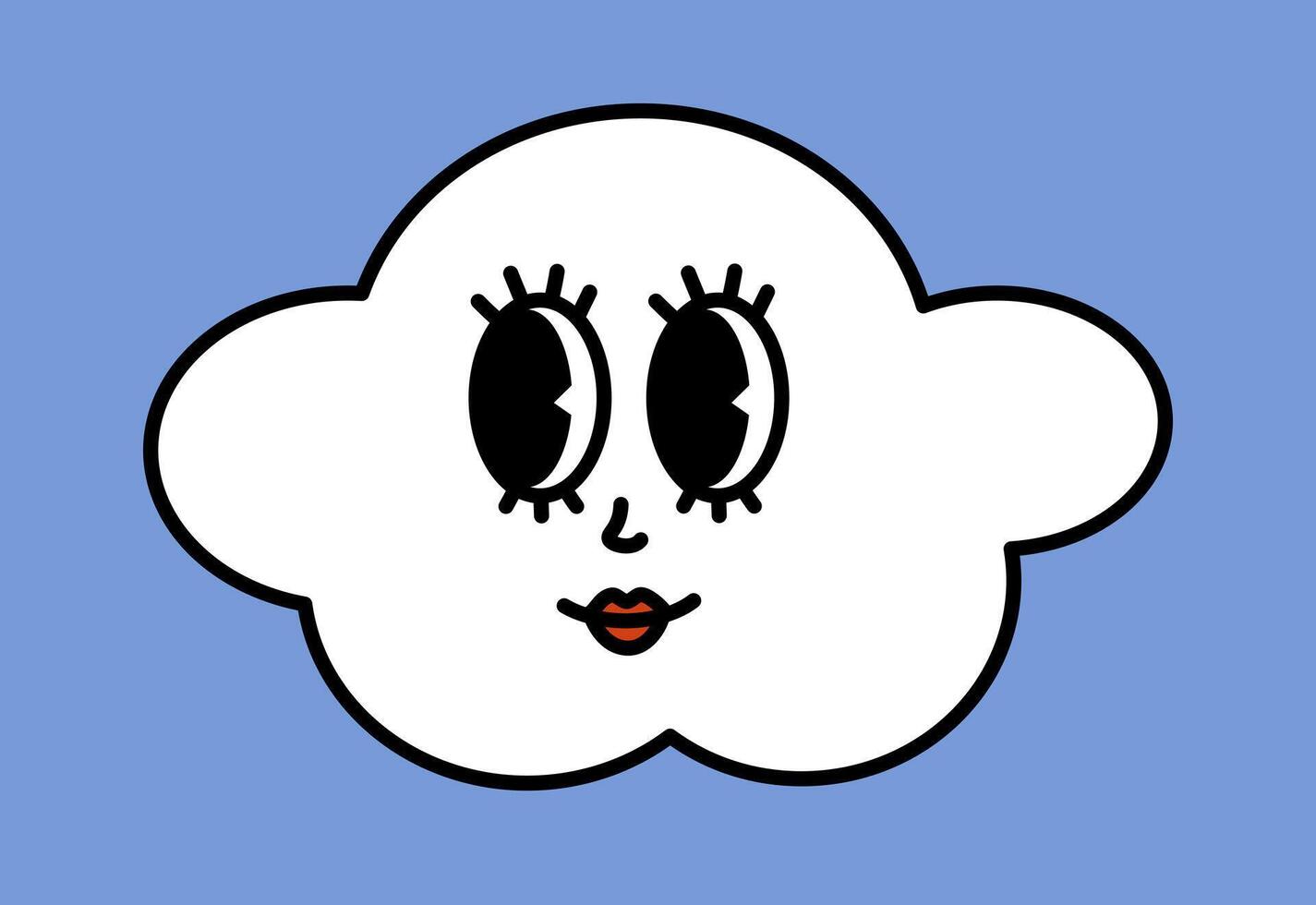 White cloud character with cartoon funny faces. Groovy sticker with Sky symbols. Weather icon. Emoji expression. Retro illustration on blue background vector