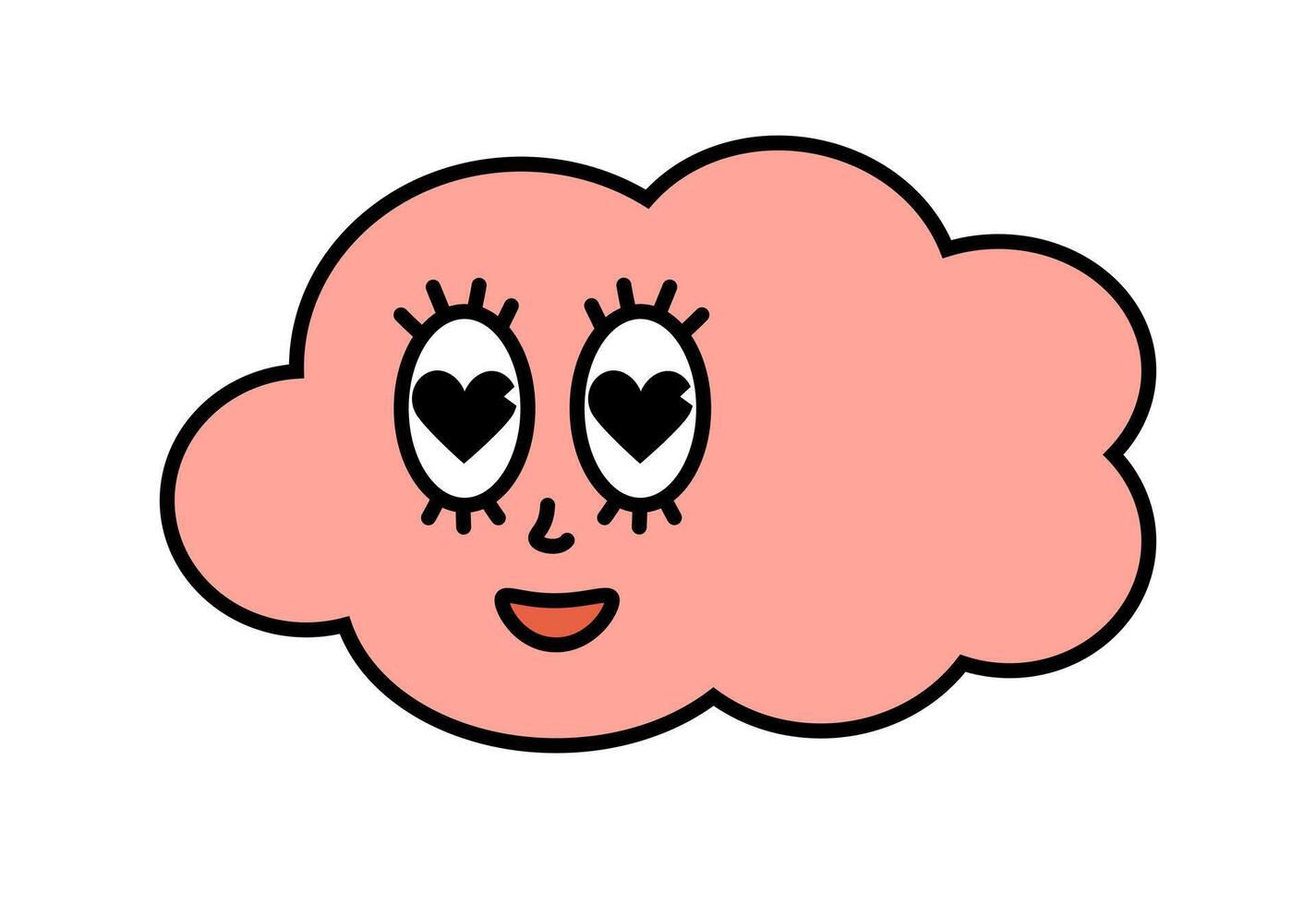Pink cute cloud character with cartoon funny lovely face. Groovy sticker with Sky symbols. Weather icon. Emoji expression. Retro illustration on white background vector