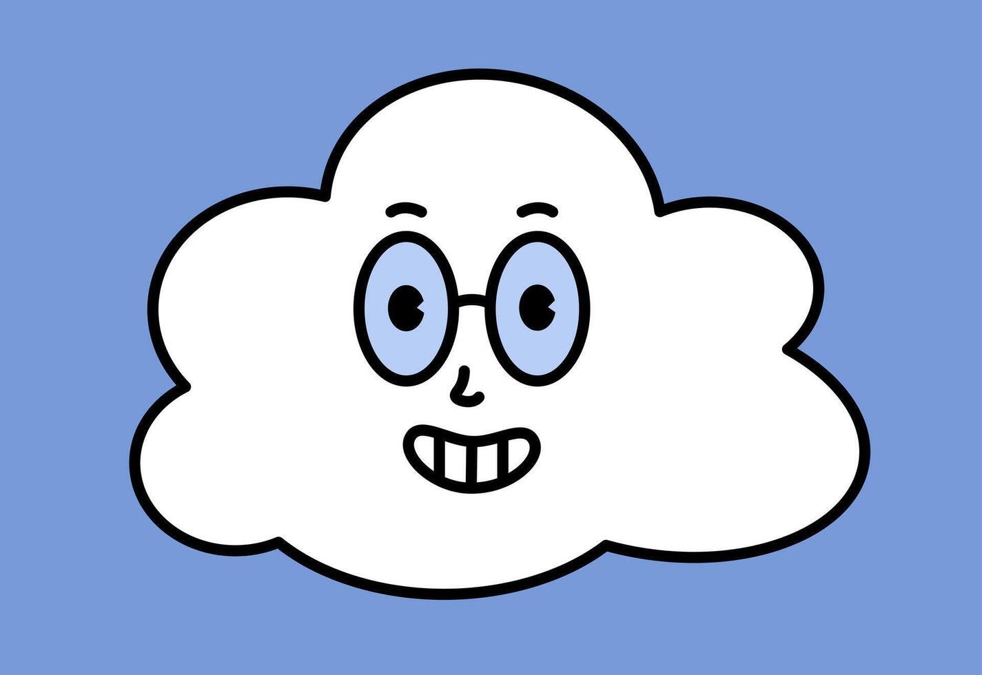 White cloud character with cartoon funny faces. Groovy sticker with Sky symbols. Weather icon. Emoji expression. Retro illustration on blue background vector
