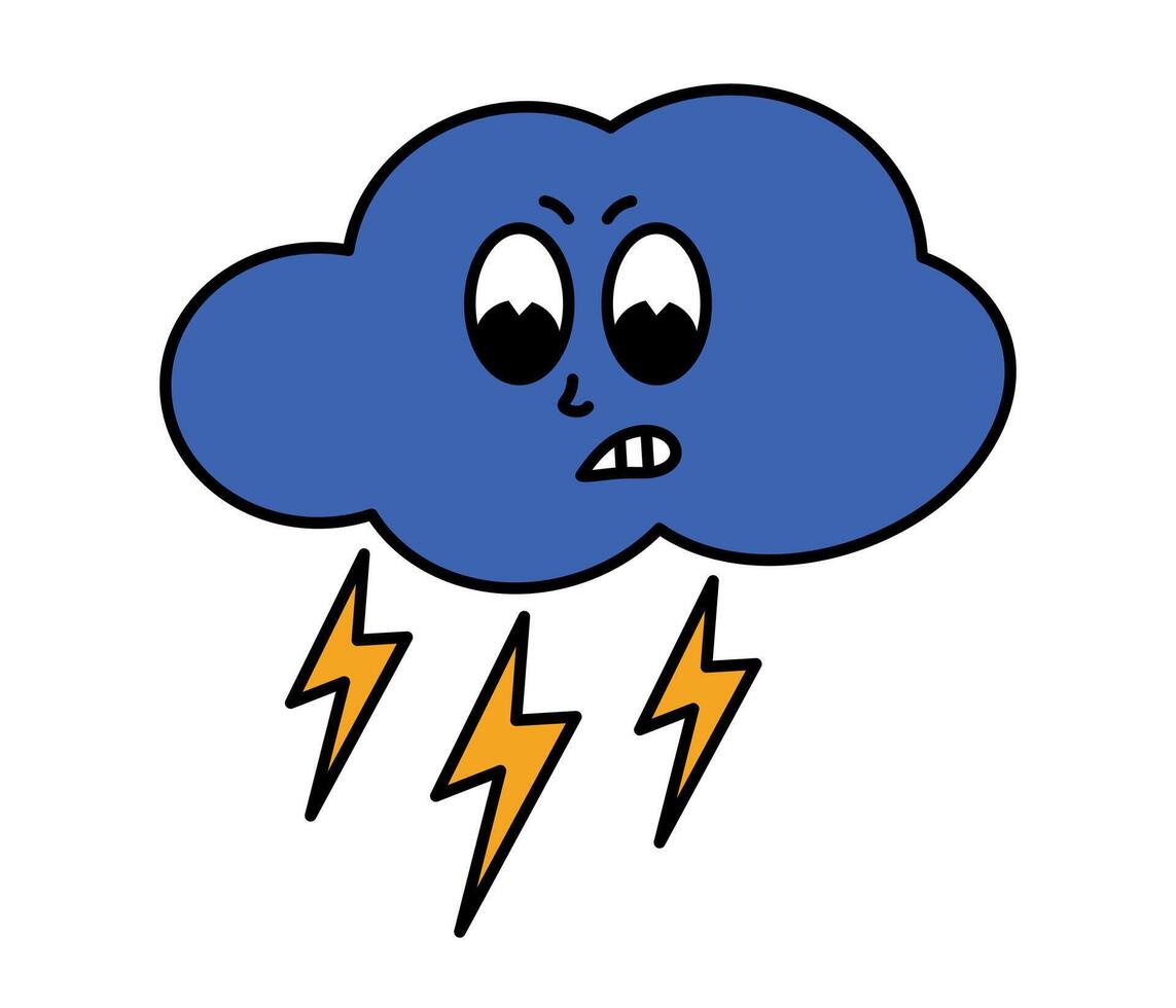 Storm cloud character with cartoon angry face. Groovy sticker with Thunder  and lightning symbol. Weather icon. Emoji expression. Retro illustration on  white background 48426640 Vector Art at Vecteezy