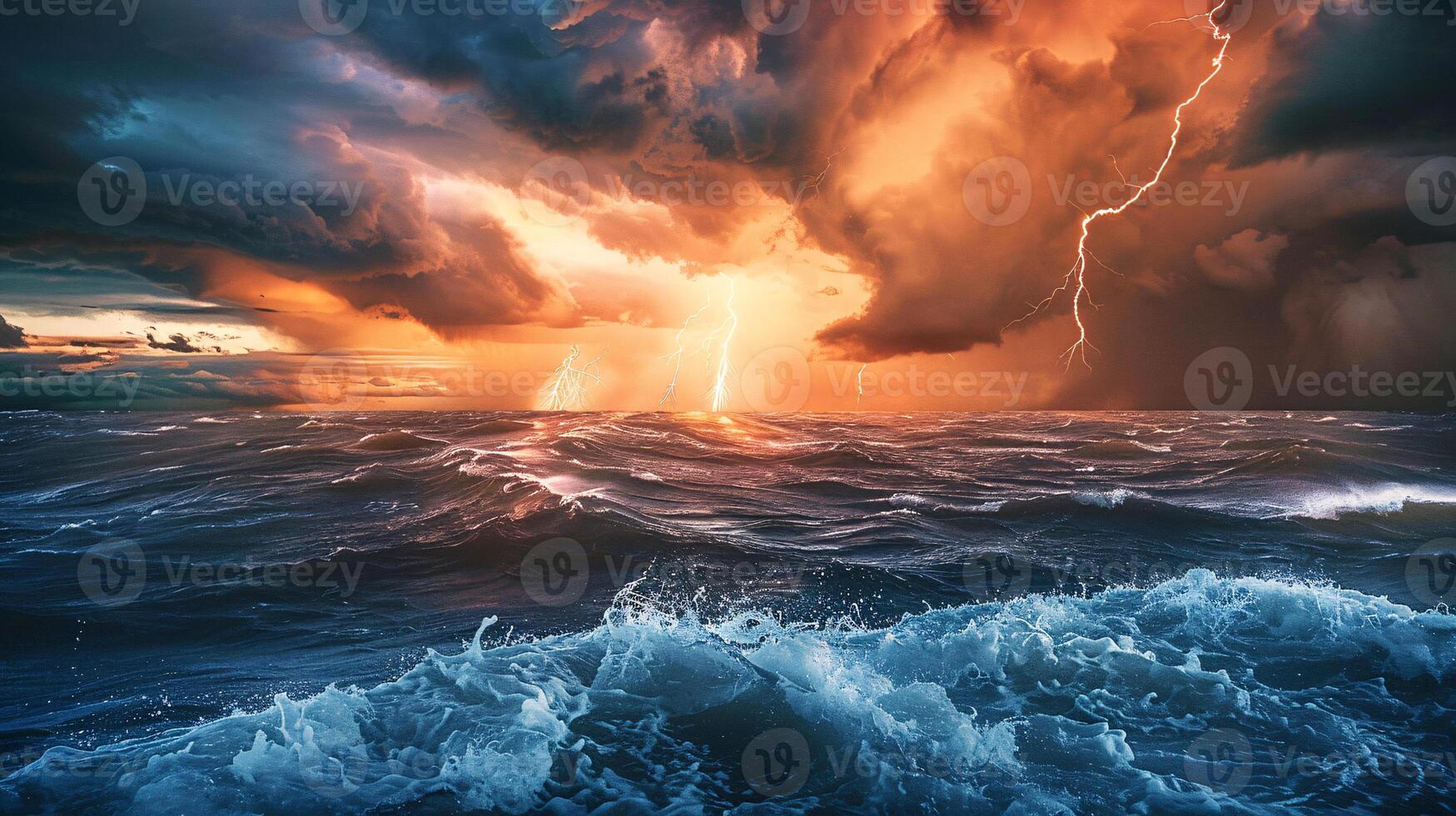 A stormy sea with lightning captures extreme weather events, highlighting global warming and the increased frequency of storms, Generated AI photo