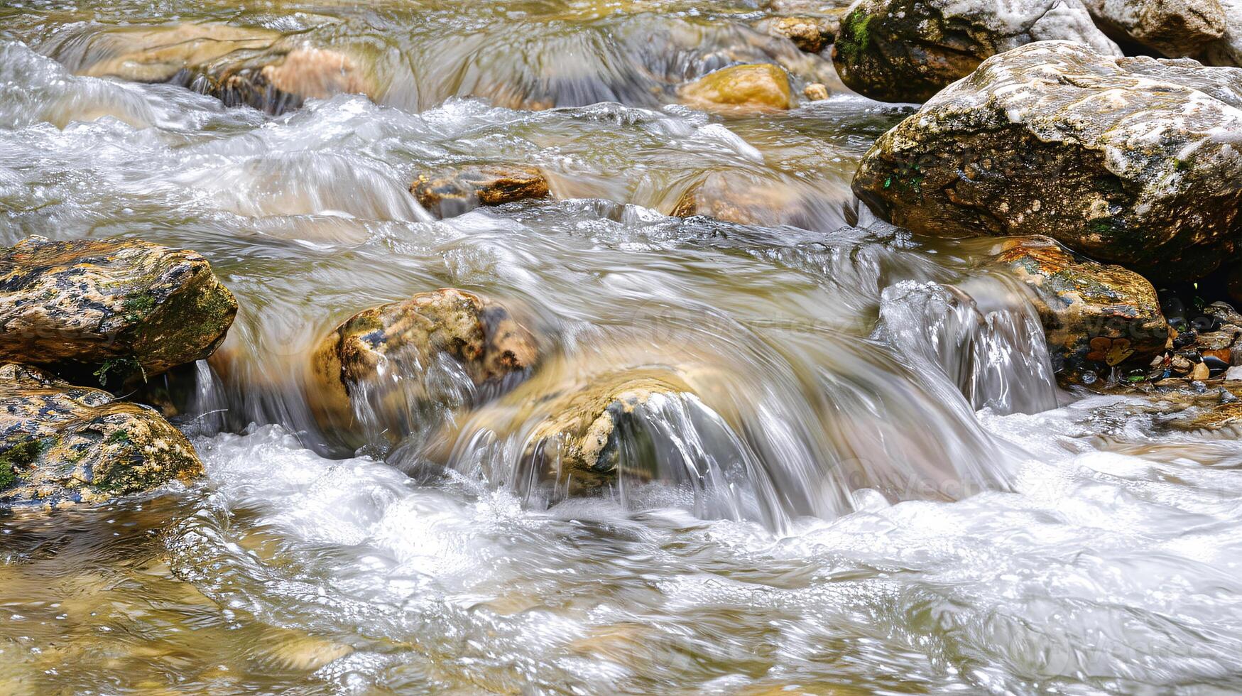 Calming rhythms captured in the clear water of a gently flowing mountain stream, showcasing serene natural beauty, Generated AI photo