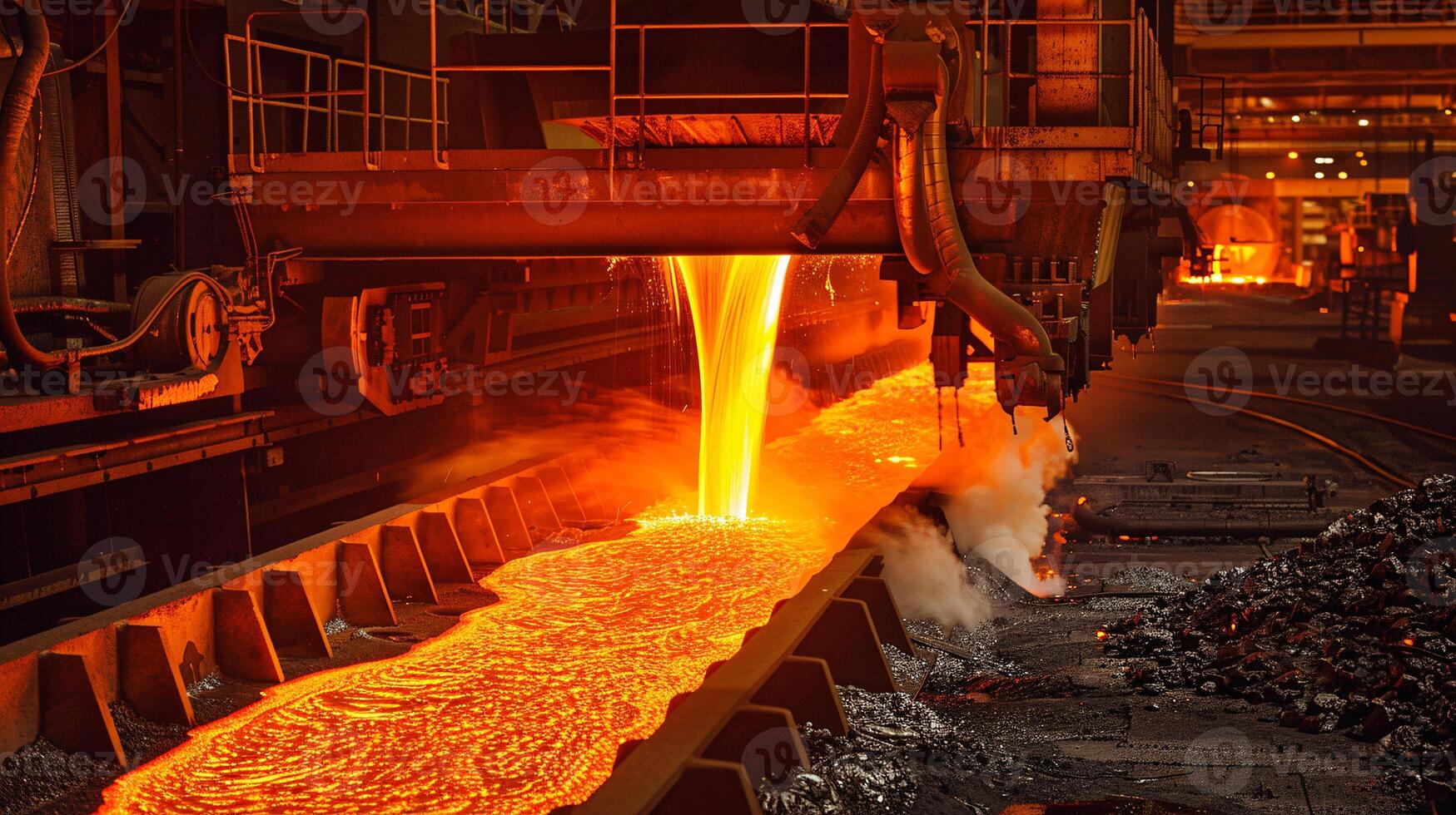 A dynamic steel mill environment with molten metal being poured, representing the essence of heavy industry, Generated AI photo