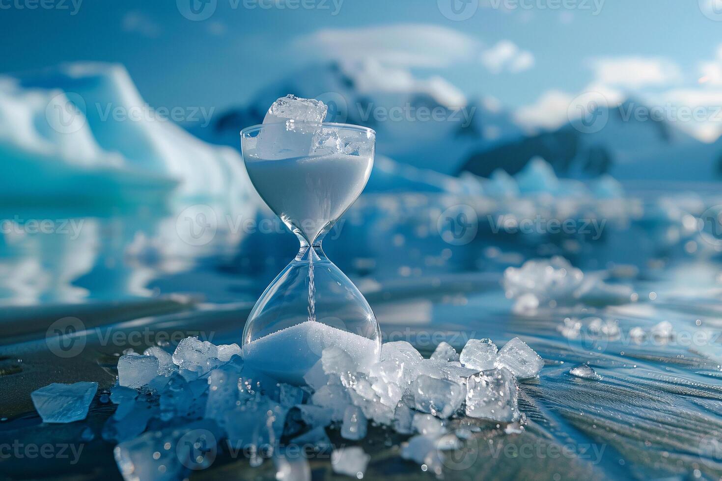 An hourglass filled with melting ice cubes in place of sand, representing global warming and the melting of polar ice, Generated AI photo