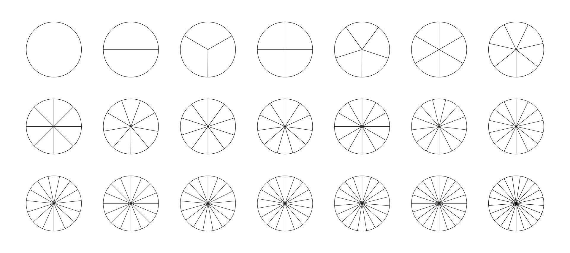 Pie chart template. Segmented charts. Sectors divide the circle on equal parts. Coaching blank. Outline black graphics. Set of pizza, pie charts. Segments infographic. Diagram wheel parts from 1 to 21 vector