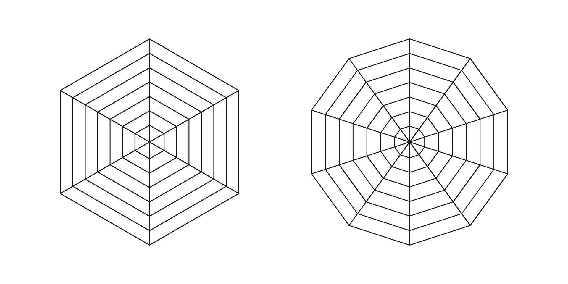 Radar, spider diagram template. Spider web chart, mesh. Hexagon, decagon, polygon statistics graph. Diagram for statistic and analytic. Blank radar charts. Coaching tool. Segmented grid. vector