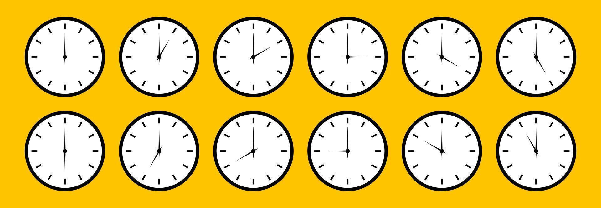 Clock icons set. Round clocks faces with different time. Time graphic symbol. Watch face flat illustration. vector