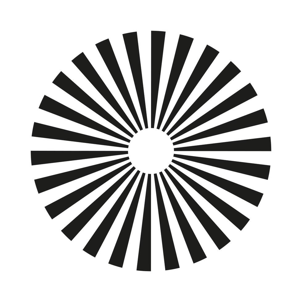 Rays circle lines. Circular beams element. Sunburst, starburst shape isolated on a white background. Radiating, radial, merging stripes. Abstract circular geometric illusion shape. vector