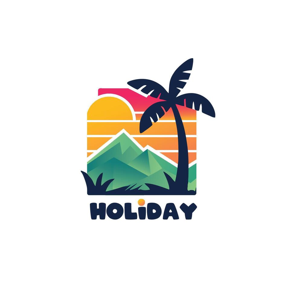 holiday logo design with palm tree and mountains vector