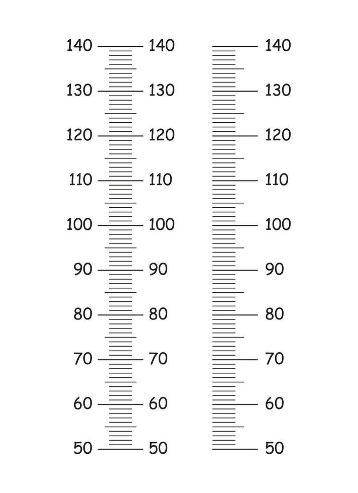 Height scale, chart from 50 to 140 centimeters for children. Kids vertical templates ruler for measuring, wall growth sticker. Length meter wall, growth ruler. Graphic illustration. vector