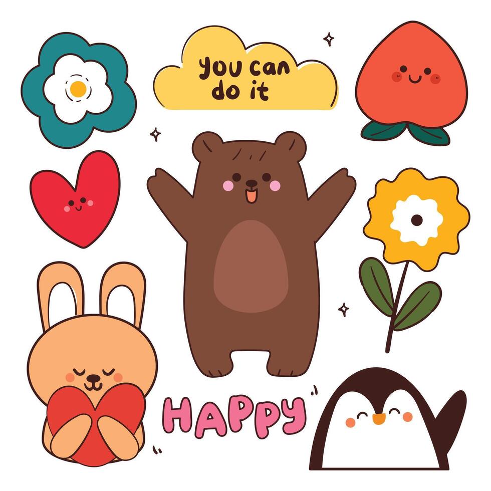 hand drawing cartoon kawaii sticker set. cute sticker, doodle set for kids vector