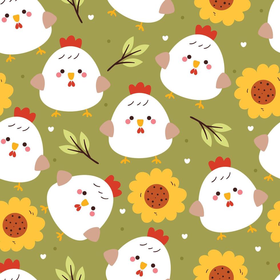 seamless pattern cartoon chicken and flower. cute wallpaper for textile, gift wrap paper vector